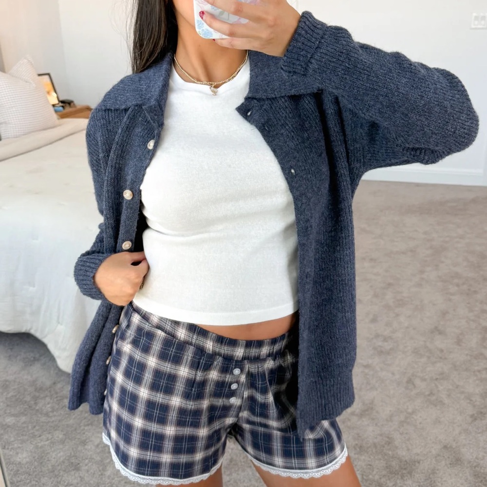 Blue Navy Button Down Polo Knit Oversized Cardigan